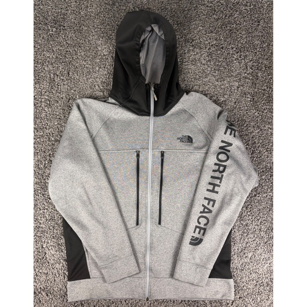 The North Face Mens XL Grey Black Full Zip Hoodie Fleece Jacket Logo Sleeve